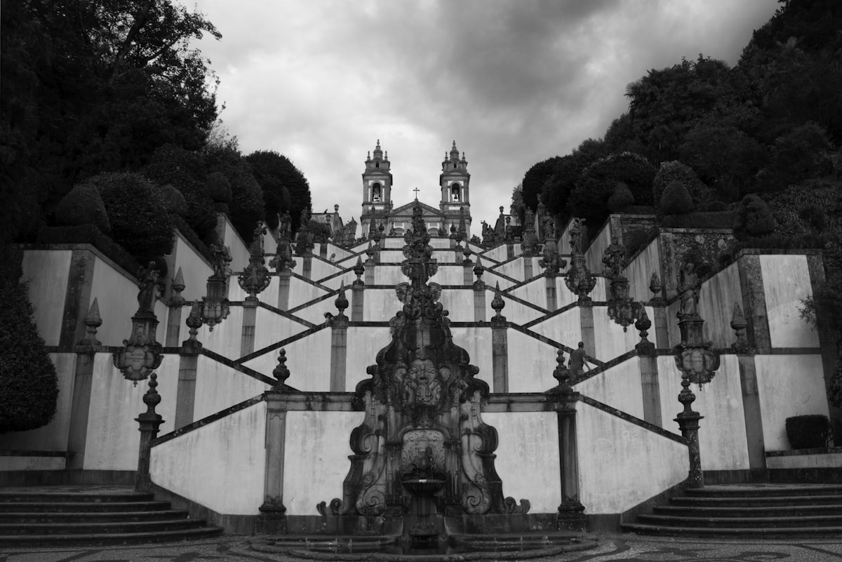 Grand baroque staircase leading to Bom Jesus do Monte sanctuary, Braga, northern Portugal