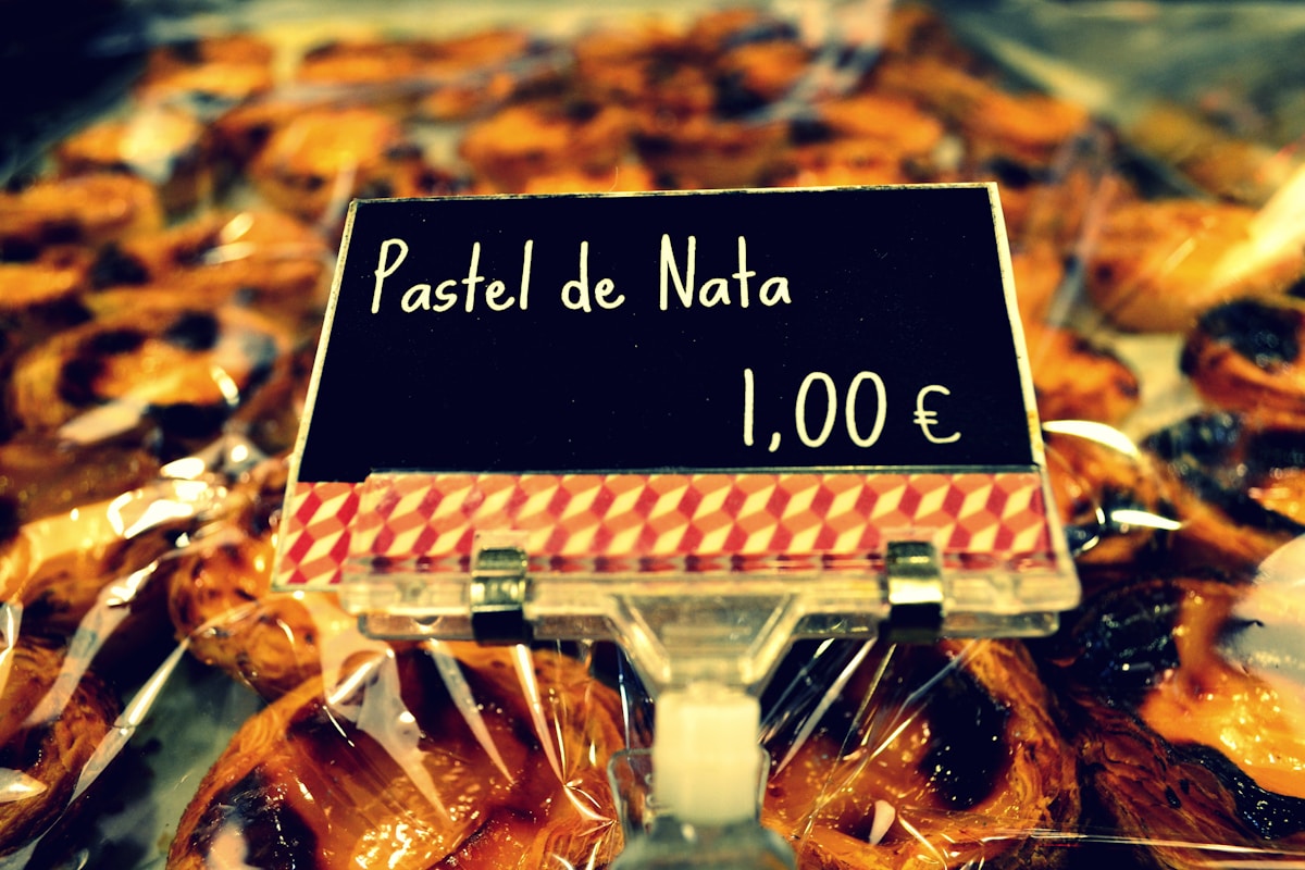 Pastel de nata custard tarts for sale at one euro at a Lisbon pastelaria