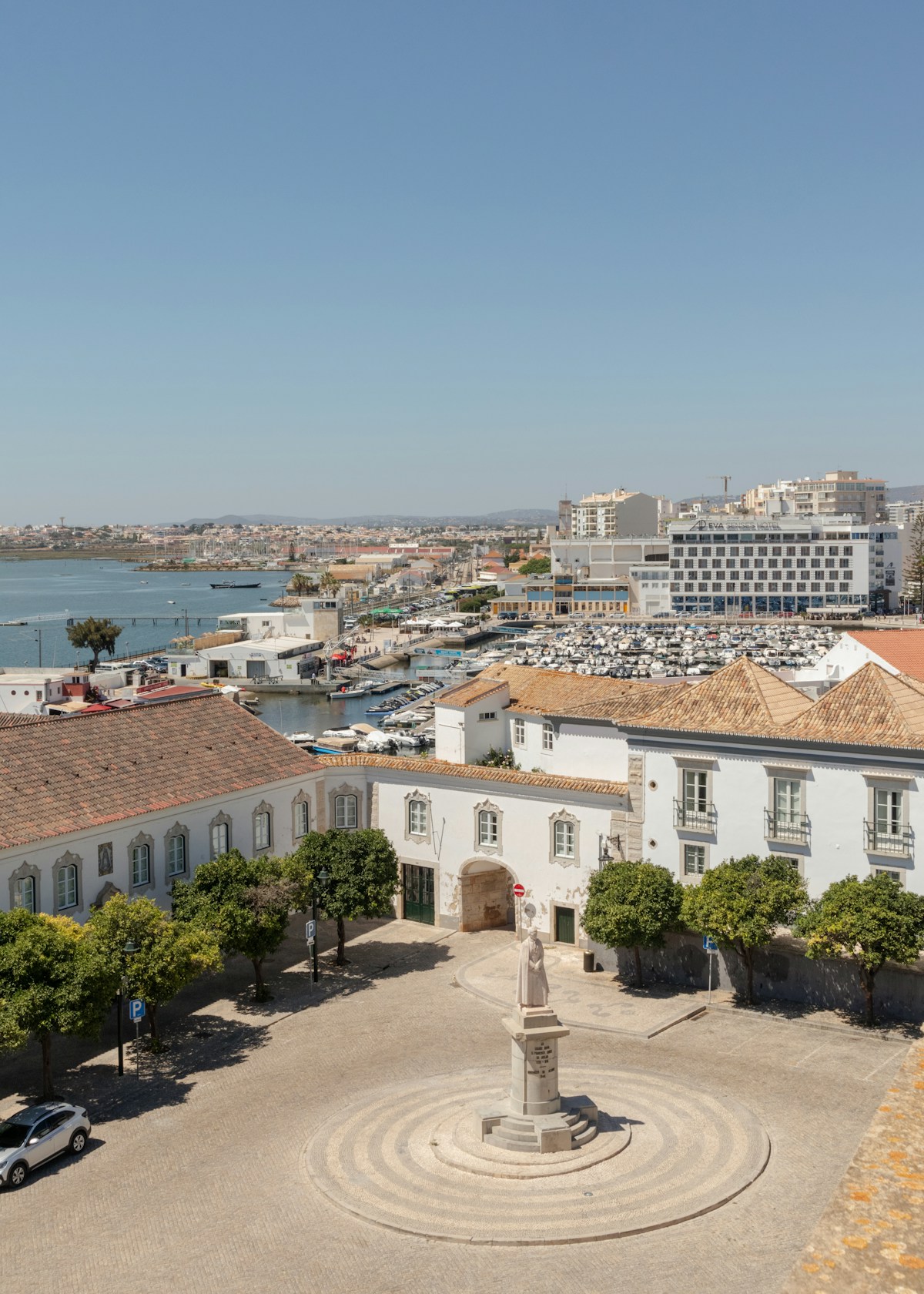 Aerial view of Faro old town with the marina and Ria Formosa lagoon, Algarve, Portugal