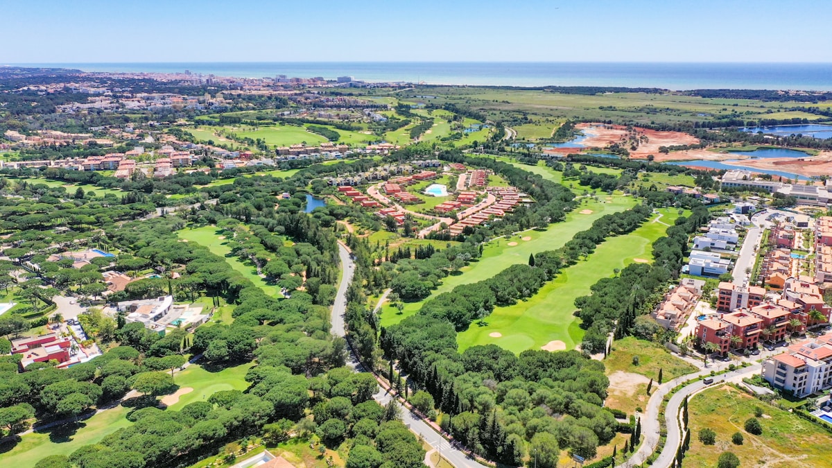 Aerial view of Vilamoura golf course with ocean in the background, Algarve, Portugal