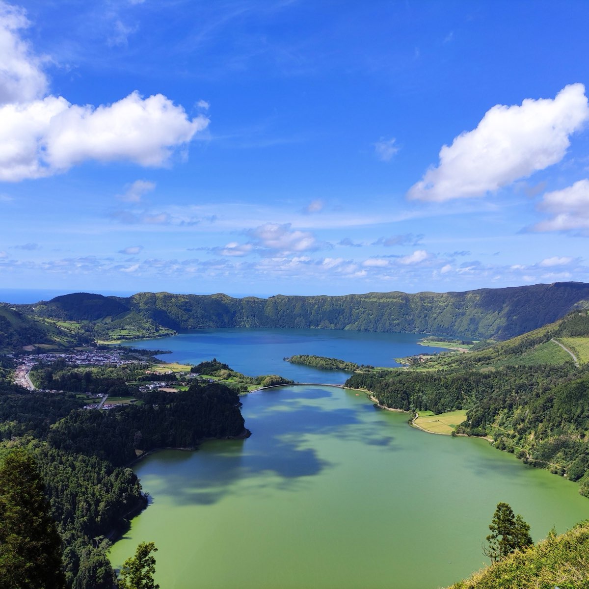 Lagoa das Sete Cidades twin crater lakes on São Miguel island, Azores, Portugal, under blue sky