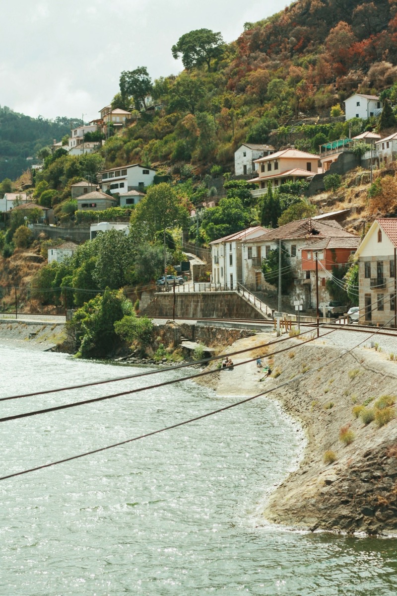 River with terraced houses on a hillside along the Douro valley, Portugal