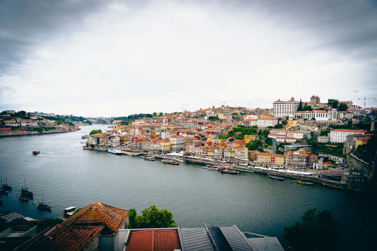 Porto's Ribeira waterfront with colourful buildings and the Douro river from above