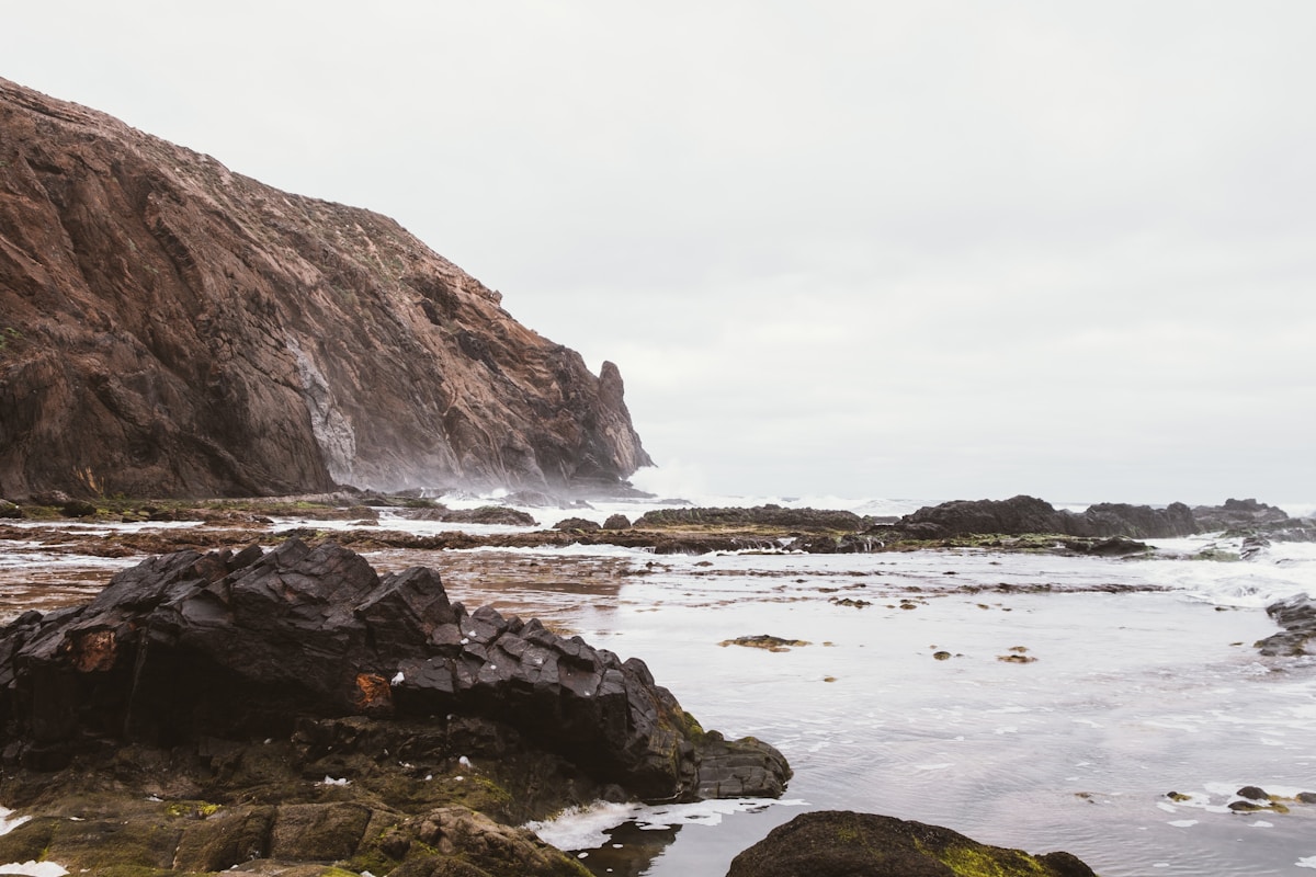 Rocky volcanic shoreline meeting Atlantic waves on Porto Santo island, Madeira, Portugal - the island where much of the local food comes from the sea
