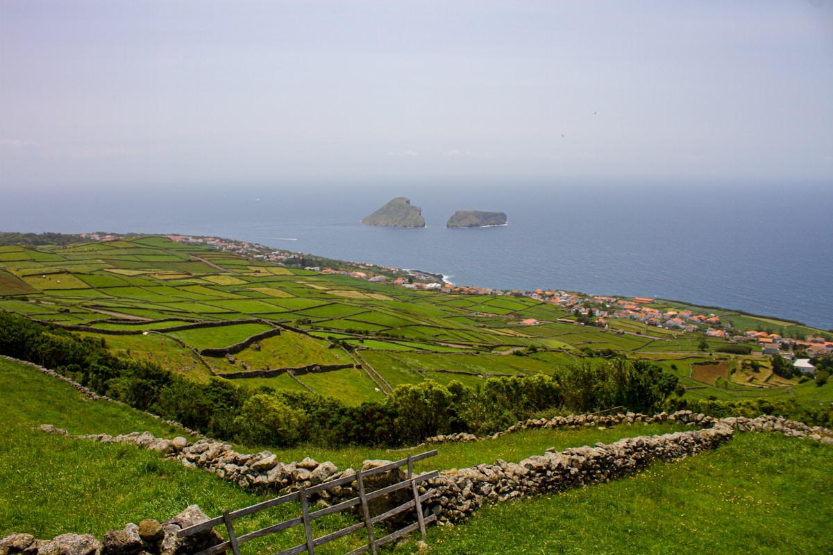 Terceira patchwork fields and coastline viewed from Serra do Cume, Azores, Portugal