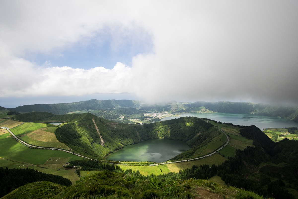 Aerial view of the twin Sete Cidades volcanic crater lakes on São Miguel island, Azores, Portugal