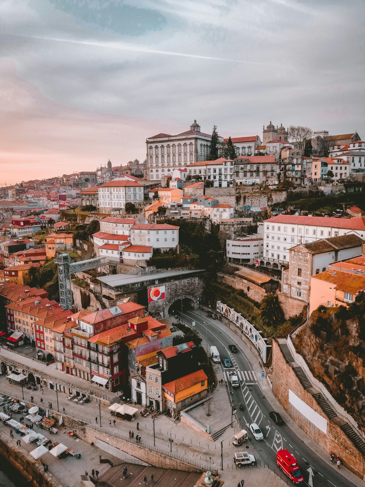Aerial view of Porto's historic riverside neighbourhood with terracotta rooftops