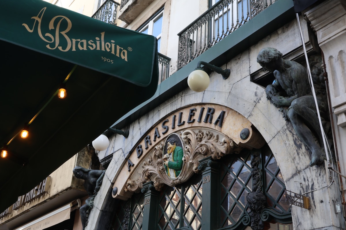 Ornate facade of A Brasileira cafe in Lisbon, established 1905