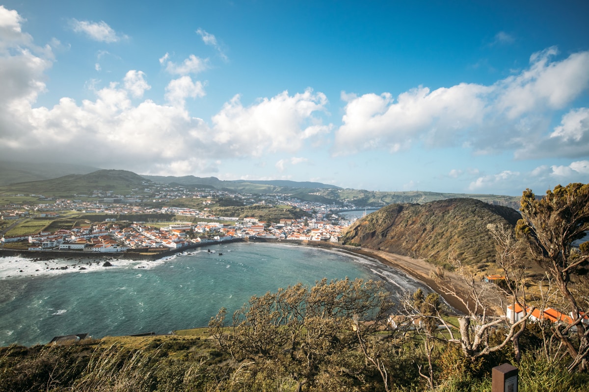 Coastal Azorean town and bay viewed from a green hillside, São Jorge island, Azores, Portugal