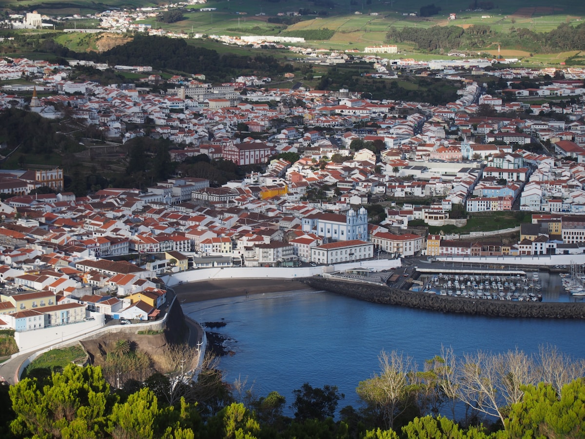 Bird's-eye view of Angra do Heroísmo UNESCO city centre with harbour and cathedral, Terceira, Azores, Portugal